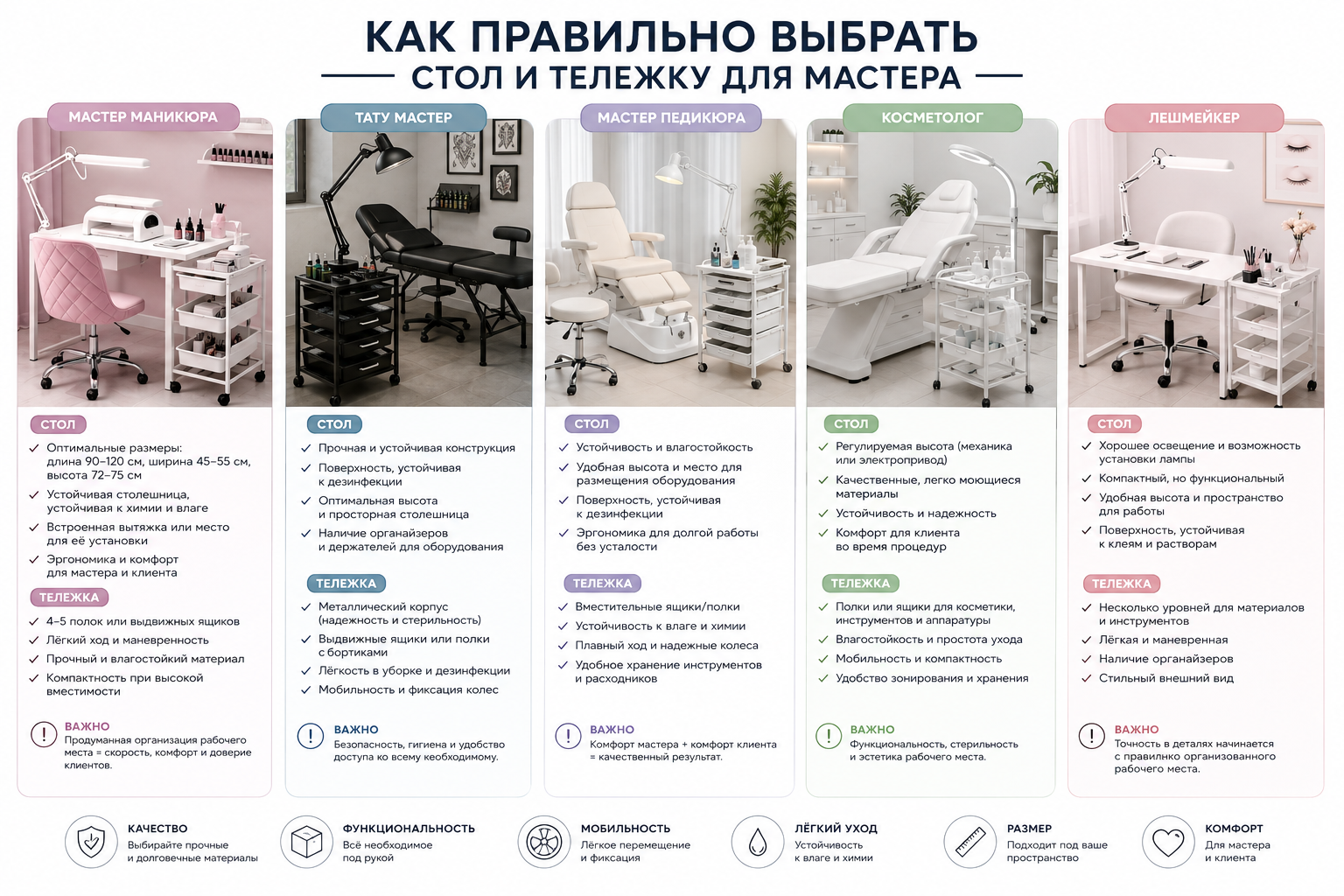Столы и тележки для мастера маникюра, тату мастера, косметолога, педикюра и лешмейкера - примеры организации рабочего места